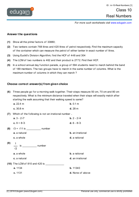Grade 10 Real Numbers Math Practice Questions Tests Worksheets 