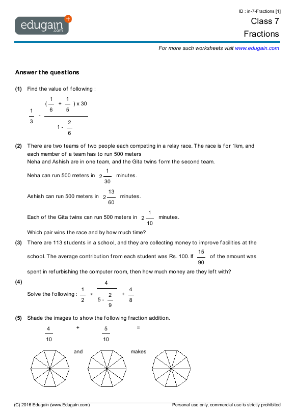 grade 7 fractions math practice questions tests worksheets quizzes assignments edugain s korea